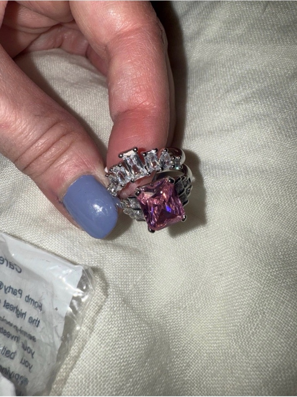 Bomb Party silver Ring with Pink Square Gemstone and Clear Accents